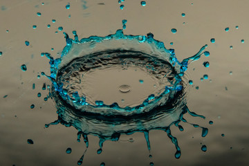 Blue splashes of water drops on background texture close-up