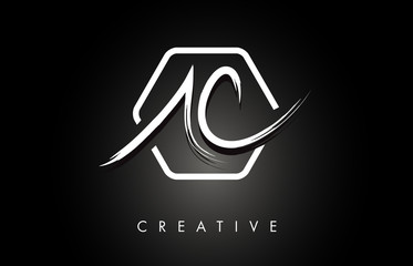 AC A C Brushed Letter Logo Design with Creative Brush Lettering Texture and Hexagonal Shape