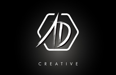 AD A D Brushed Letter Logo Design with Creative Brush Lettering Texture and Hexagonal Shape