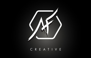 AF A F Brushed Letter Logo Design with Creative Brush Lettering Texture and Hexagonal Shape