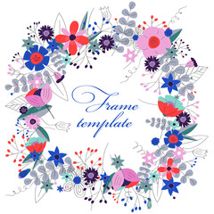 Floral frame template. Hand drawn elegant frame with wild flowers. Spring ans summer design for posters, invitations, bunners, greetings, prints and more