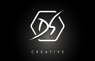 DS D S Brushed Letter Logo Design with Creative Brush Lettering Texture and Hexagonal Shape