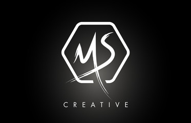 MS M S Brushed Letter Logo Design with Creative Brush Lettering Texture and Hexagonal Shape