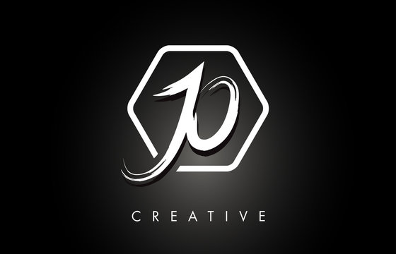 JO J O Brushed Letter Logo Design with Creative Brush Lettering Texture and Hexagonal Shape