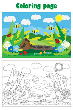 Glade with insect and flowers in cartoon style, summer coloring page, education paper game for the development of children, kids preschool activity, printable worksheet, vector illustration