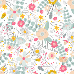 Colorful floral pattern. Hand drawn elegant background with wild flowers. Spring and summer design for posters, bunners, greetings, prints, identity, web and more