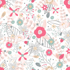 Pink pastel floral pattern. Hand drawn elegant background with wild flowers. Spring and summer design for posters, bunners, greetings, prints, identity, web and more