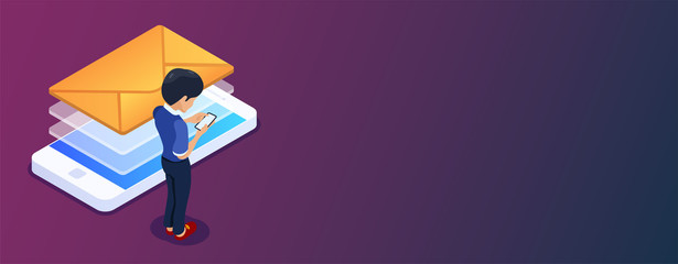 Email marketing isometric concept. Receiving or sending a letter using a mobile phone. A man with a smartphone in his hands reads a new letter. Vector illustration in 3d flat style.