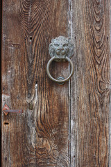 Wooden door with antique door knocker in the shape of a lion's head