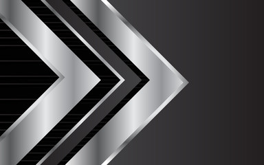 Black abstract tech geometric background. Line metallic silver shape arrow with light pattern composition. Blank space on for text and background design. Can use for cover, banner, advertising,