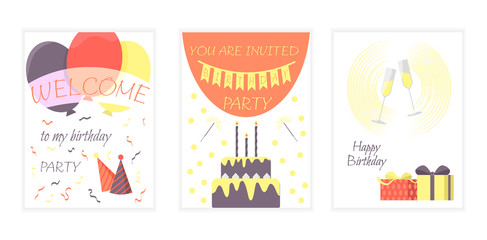 Set of birthday cards with a cake, glasses of champagne, balloons. Vector illustration.