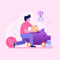 Money saving concept with piggy bank, banknotes and coins. Cashback and finance management illustration with young business man and pig moneybox.
