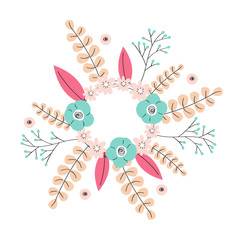 Pastel wreath with branches, leaves and flowers. Round cute frame with your text. Design element for invitations, greeting cards, bunners and more