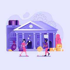 Online banking UI illustration with office people characters doing internet payments, transfers and deposits. Digital bank service fintech concept in flat design. Control money technology processing.