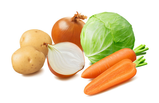 Fresh cabbage, potato, carrot, onion vegetables isolated on white background. Package design element with clipping path