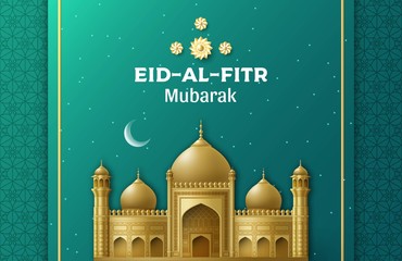 Eid Al Fitr Background. Festival of Breaking the Fast. Islamic Arabic mosque building. Greeting card