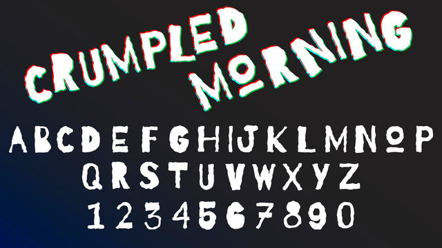 Curved crumpled letters and numbers font set. Monochrome alphabet, typography modern design concept. The inscription "Crumpled Morning" with glitch effect.