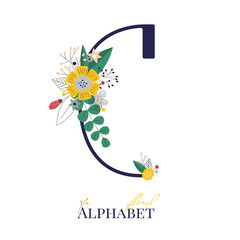 Spring and summer alphabet decorated with bouquets of flowers. Floral letter C. Hand drawn isolated vector illustration