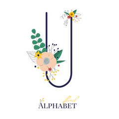 Spring and summer alphabet decorated with bouquets of flowers. Floral letter U. Hand drawn isolated vector illustration