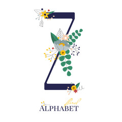 Spring and summer alphabet decorated with bouquets of flowers. Floral letter Z. Hand drawn isolated vector illustration