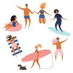 Round frame made of happy people in swimwear, with space for text. Hand drawn vector illustration. Isolated objects on white background. Flat style design. Concept, element for summer poster, banner.