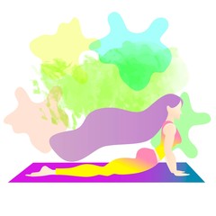 Obraz na płótnie Canvas A woman started in yoga with a cobra pose. Bhujangasana. Colorful vector illustration Flat character design. Indigo fashion colors