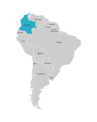 Vector illustration with simplified map of South America continent with blue contour of Colombia. Grey silhouettes, white outline of states' border
