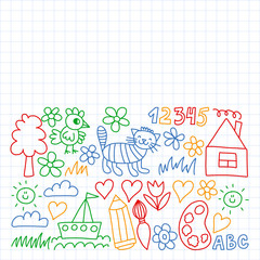 Kindergarten pattern, drawn kids garden elements pattern, doodle drawing, vector illustration, colorful.