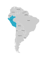 Vector illustration with simplified map of South America continent with blue contour of Peru. Grey silhouettes, white outline of states' border