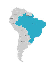 Vector illustration with simplified map of South America continent with blue contour of Brazil. Grey silhouettes, white outline of states' border