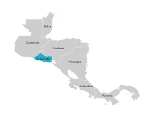 Vector illustration with simplified map of Central America region with blue contour of El Salvador. Grey silhouettes, white outline of states' border