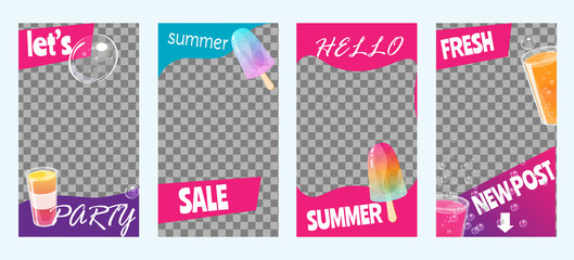 Instagram stories for summer sale, party and vacation. Set of bright templates. Vector illustration.