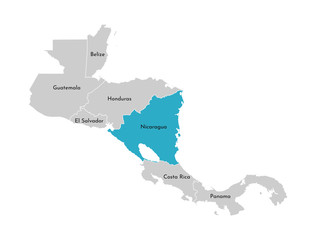 Vector illustration with simplified map of Central America region with blue contour of Nicaragua. Grey silhouettes, white outline of states' border