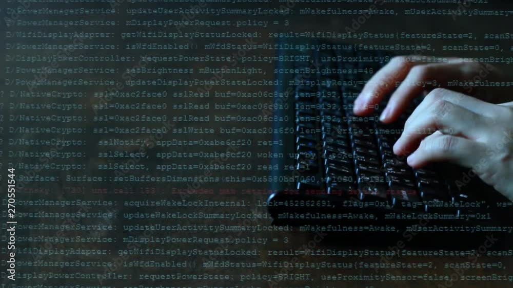 Poster woman female developer is typing programming software script source code on keyboard overlay with gl