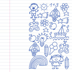 Children garden, Patern, Hand drawn children garden elements pattern, doodle illustration, Vector, illustration.