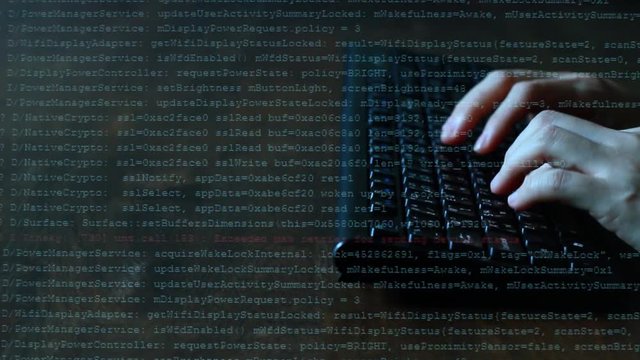 Woman female developer is typing programming software script source code on keyboard overlay with glowing moving lines of texts (Side view). For SDLC, hi tech background or intro clip