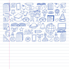 Vector set of secondary school icons in doodle style. Painted, drawn with a pen, on a sheet of checkered paper on a white background.