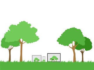 Set of device gadgets trees on white display on green shadow paperless go green concept, leaf, tree, tablet, phone, computer, paperless idea conceptual design go green, save the planet, flat vector