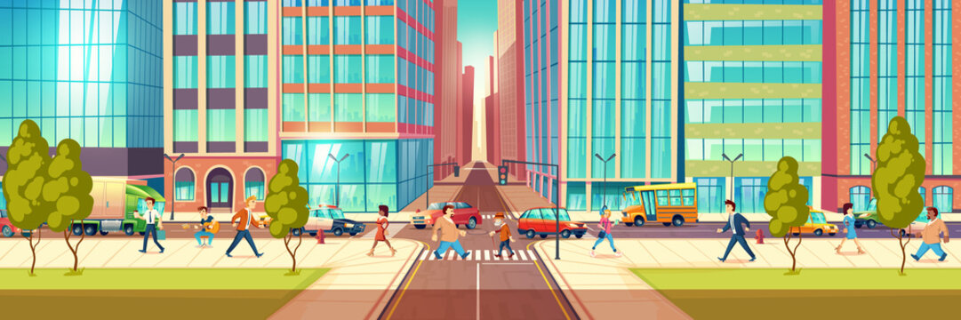 Modern metropolis street life cartoon vector concept with people hurrying in business at city street, townsfolk walking sidewalk, pedestrians passing crossroads, transport moving on road illustration