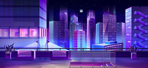 Hotel or restaurant lounge zone or terrace, observation desk with beautiful view on night city downtown cartoon vector background. Downstairs, comfortable armchairs on skyscraper roof illustration