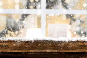 Christmas holiday xmas decorations background with empty dark wood table. In winter season.