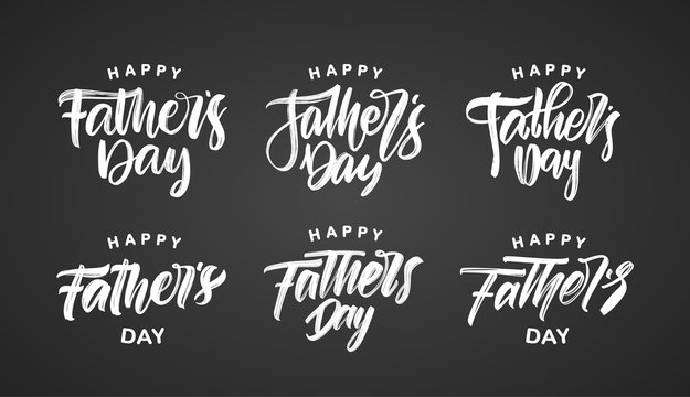 Set of Handwritten brush calligraphic type lettering of Happy Father's Day on chalkboard background.