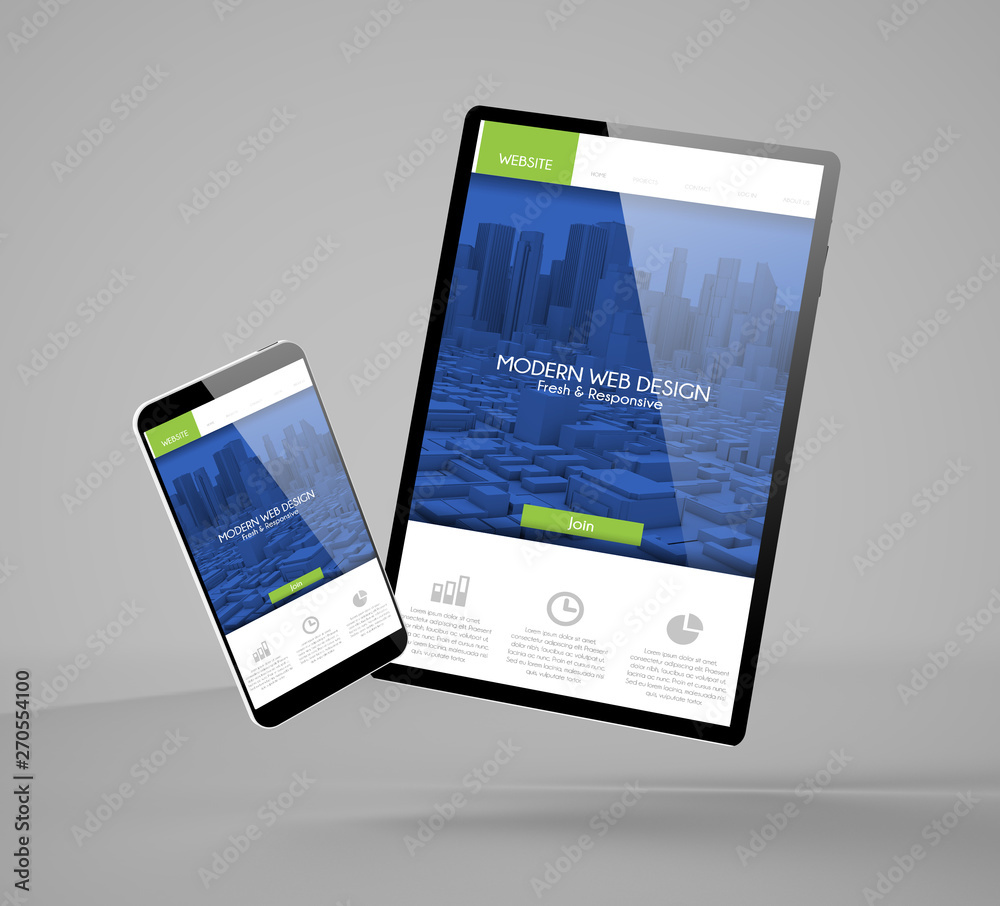 Canvas Prints flying smartphone and tablet with modern website landing page mockup