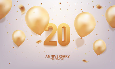 20th Anniversary celebration. 3D Golden numbers with confetti and balloons. - obrazy, fototapety, plakaty