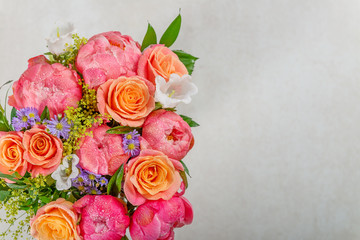 Bouquet of fresh pink peonies and roses. Card Concept, pastel colors, close up image