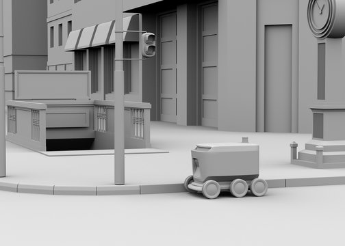Clay rendering of self-driving delivery robot moving on the street. 3D rendering image.