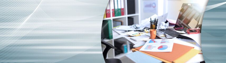Messy and cluttered desk, light effect. panoramic banner