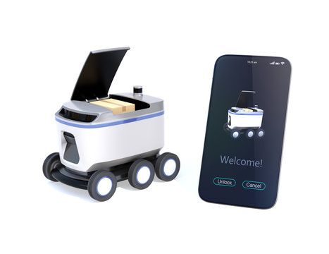 Self-driving delivery robot with top cover opened for pickup parcel. Smartphone on the right side showing delivery apps. 3D rendering image.