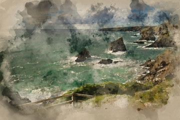 Watercolor painting of Stunning landcape image of Bedruthan Steps on Cornwall coast in England
