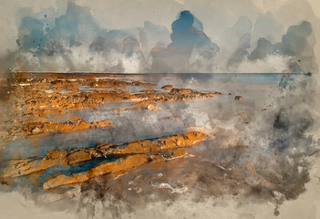 Watercolor painting of Long exposure landscape rocky shoreline at sunset